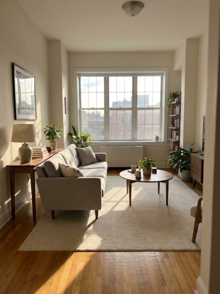 Small apartment living room with a floated gray sofa, console table, and round coffee table