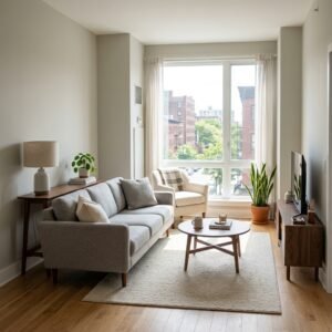 Small apartment living room with a floated gray sofa, console table, and round coffee table