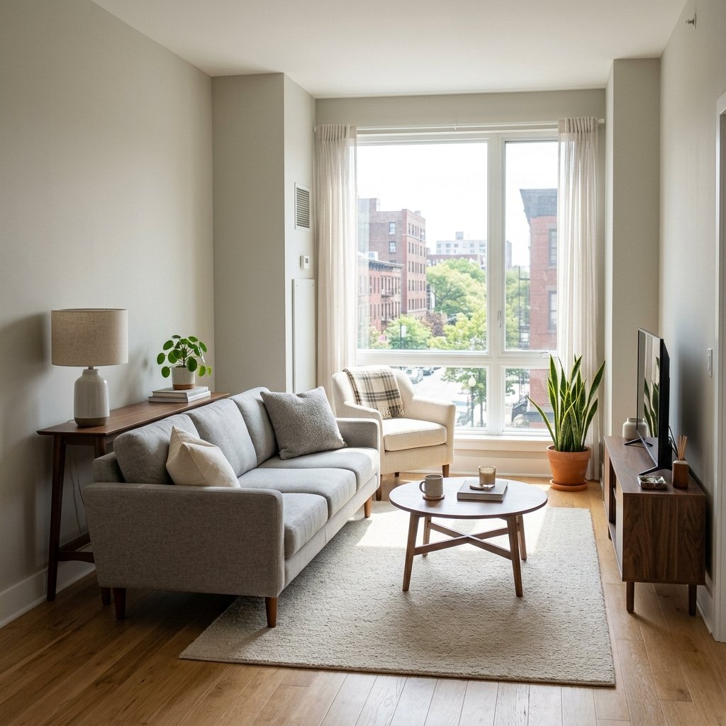 Small apartment living room with a floated gray sofa, console table, and round coffee table