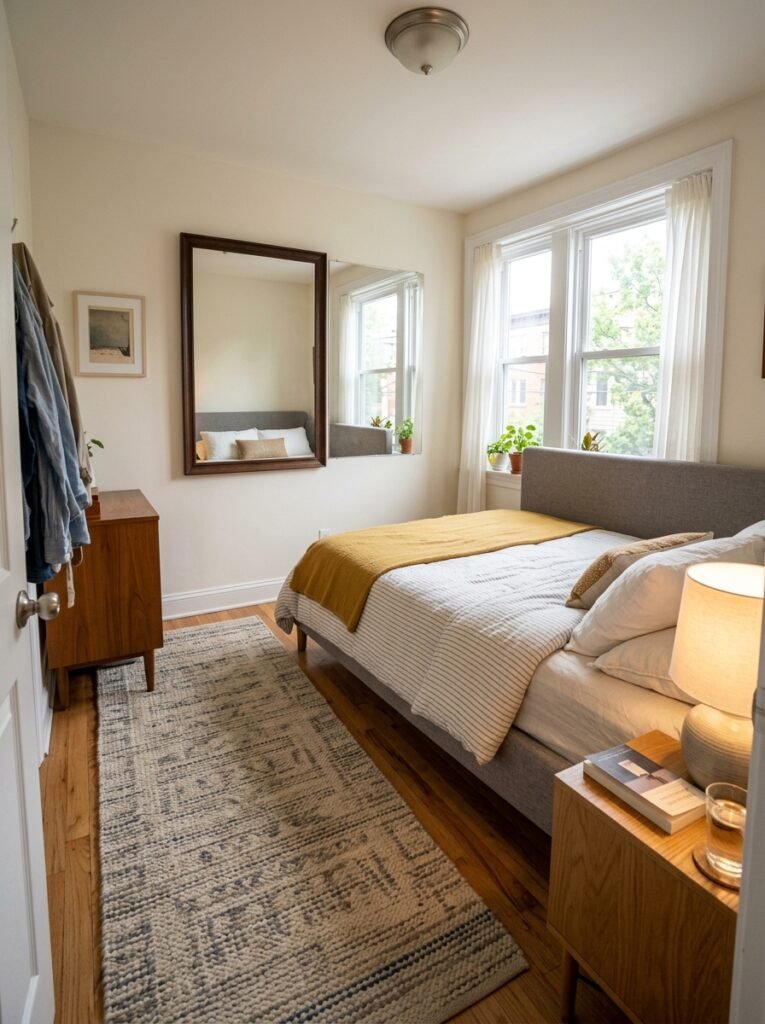 Small bedroom layout using a low headboard and rug to create walking space