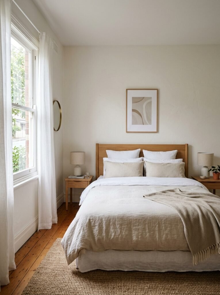 Small bedroom with a queen bed laid out along the main wall