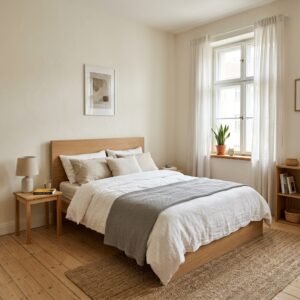 Small bedroom with a queen bed laid out along the main wall