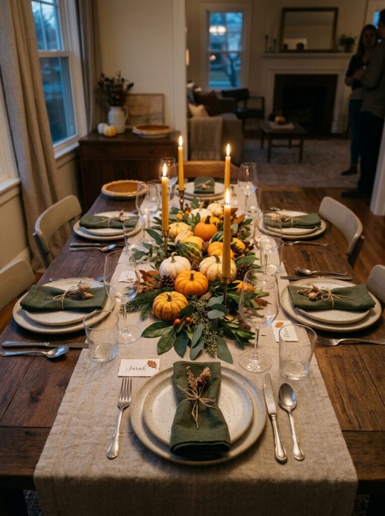 Small dining table styled with a low Thanksgiving centerpiece and warm candlelight