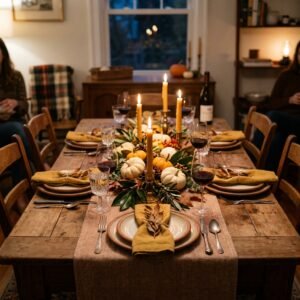 Small dining table styled with a low Thanksgiving centerpiece and warm candlelight