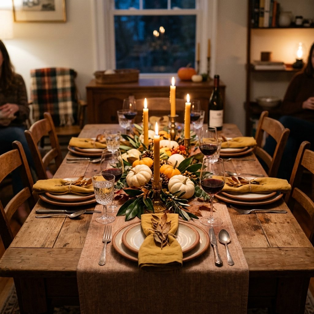 Small dining table styled with a low Thanksgiving centerpiece and warm candlelight