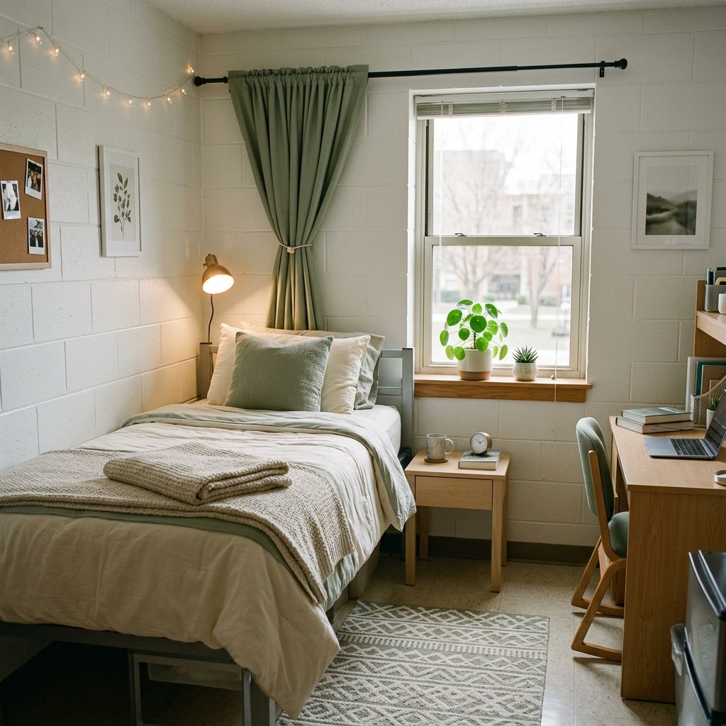 Small dorm room decorated in cream and sage with layered bedding, a rug, and a bed curtain