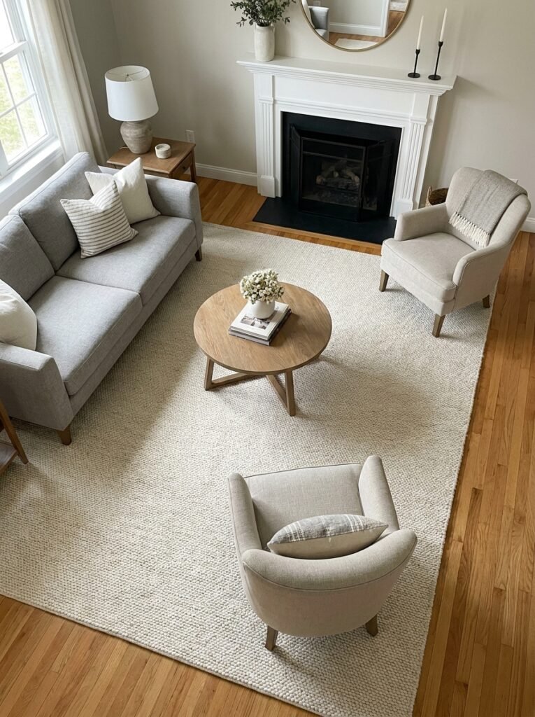 Large area rug in a small living room with the front legs of the seating resting on it