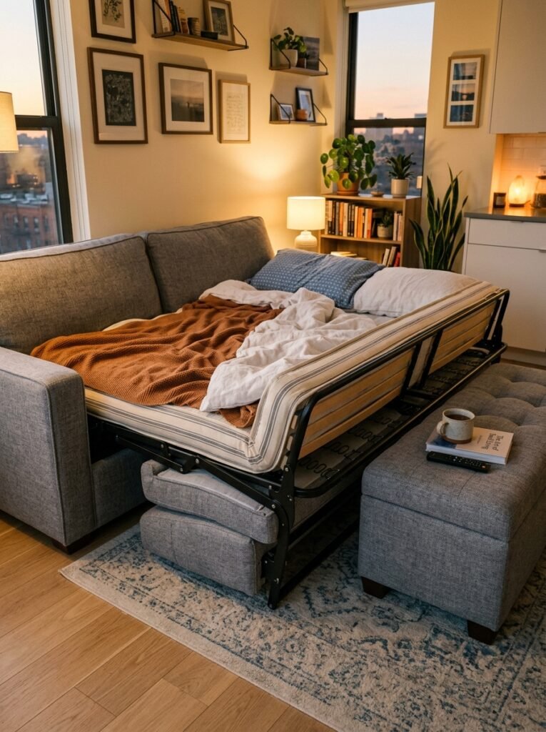 Sofa bed partially unfolded in a small studio apartment living area
