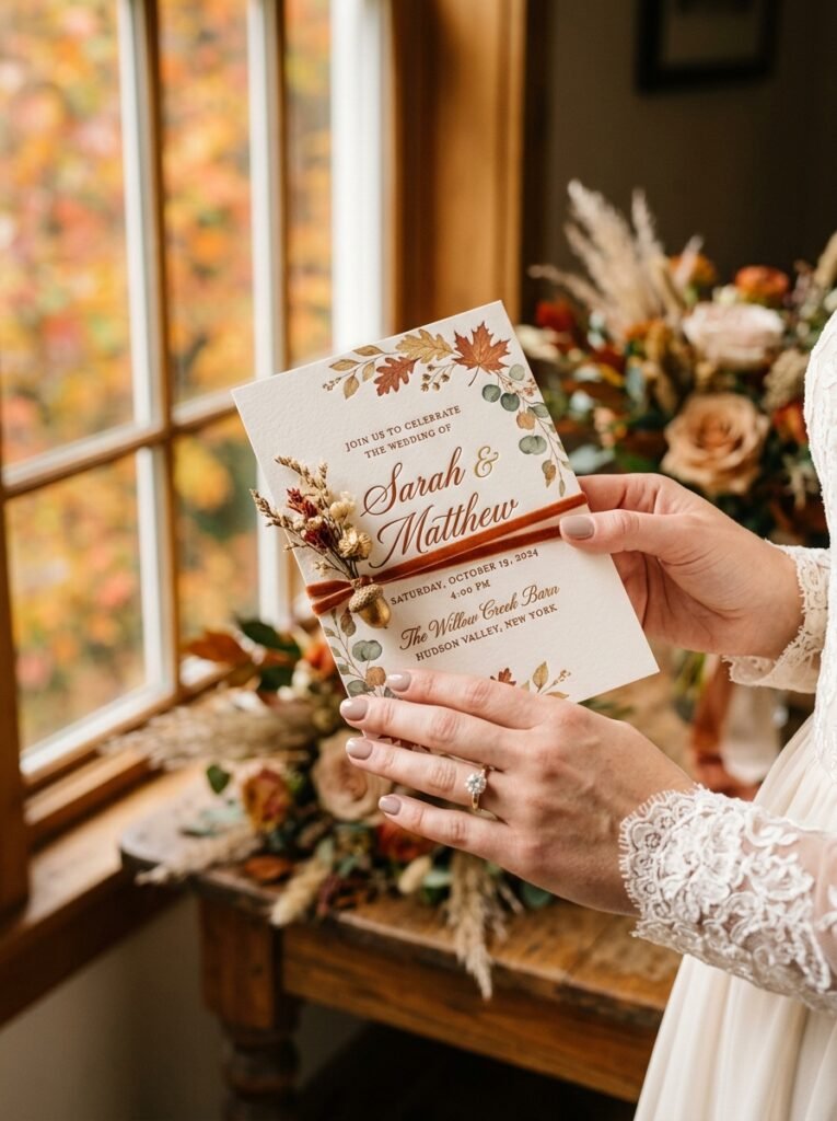 Soft taupe minimalist bridal nails shown against a fall wedding invitation