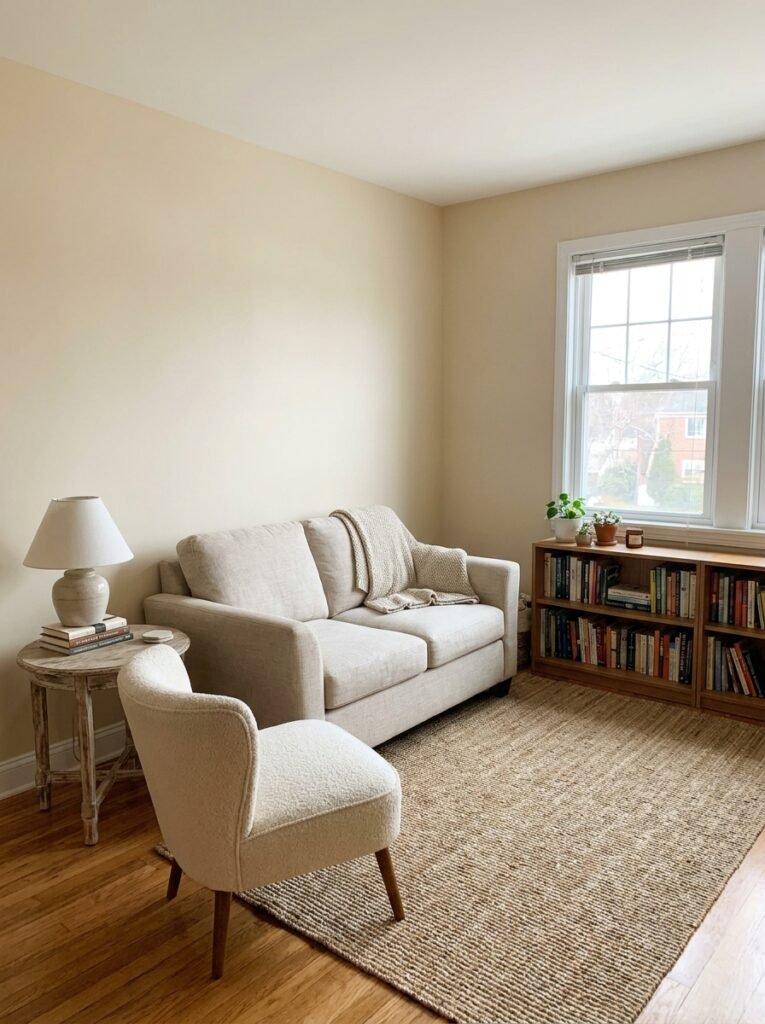 Square apartment living room with an L-shaped seating arrangement and an angled corner chair