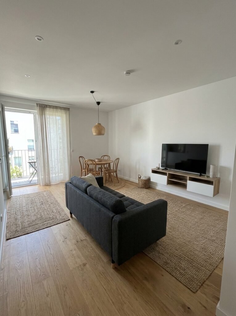 Studio apartment with a sofa zone and round dining table separated by two area rugs