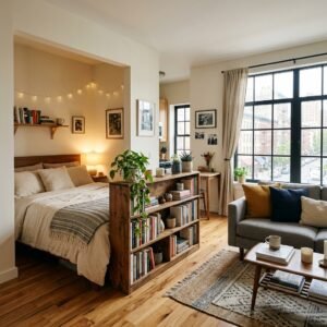 Studio apartment with the bed tucked into a corner and a bookshelf dividing the living zone