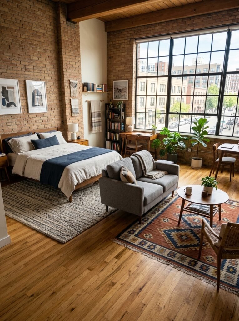 Studio apartment with two separate rugs defining the bed and seating zones