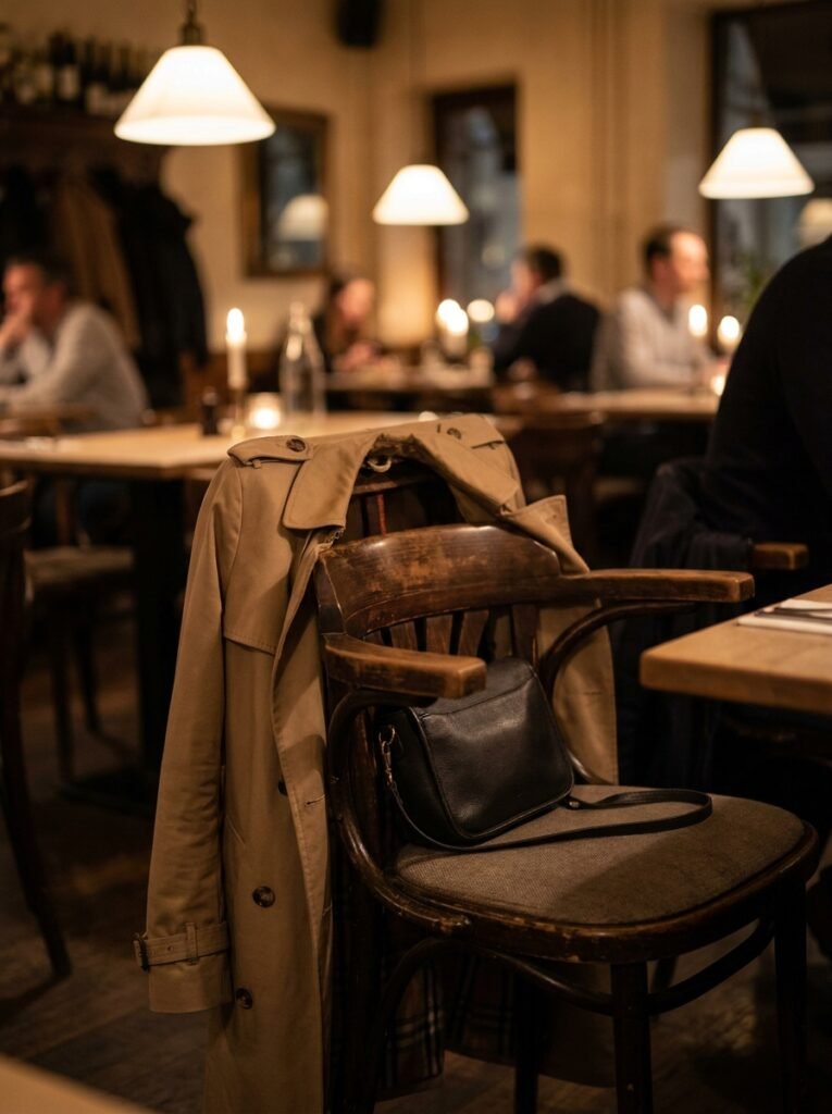 Tailored trench coat draped over a restaurant chair with warm ambient lighting in the background