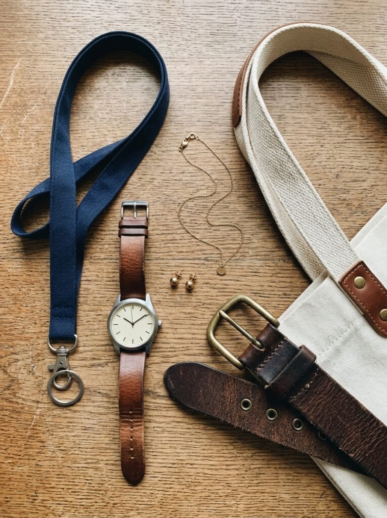 Lanyard, watch, small earrings, belt, and canvas tote arranged on a desk