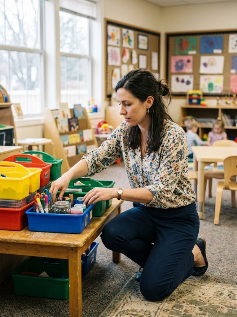 Teacher crouching beside a classroom table in stretch trousers and a printed blouse