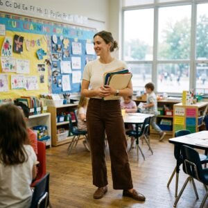 Teacher in wide-leg trousers and a knit tee standing in a classroom during setup week