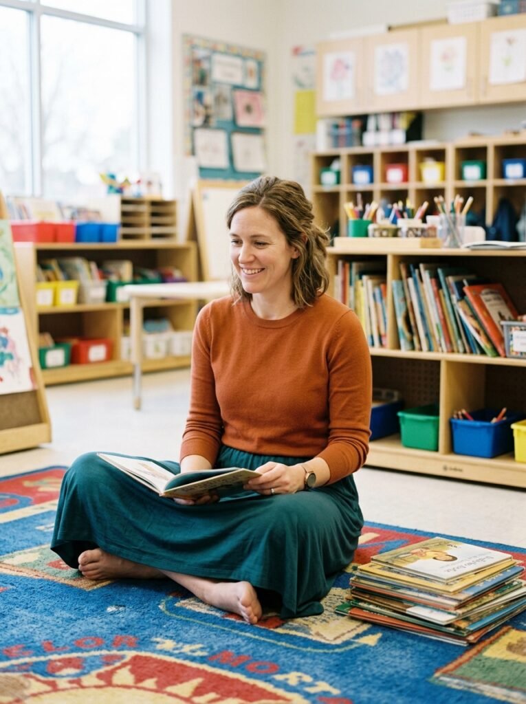 Teacher sitting cross-legged on a classroom rug in a stretch midi skirt