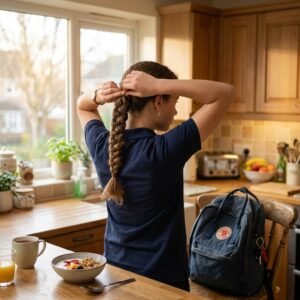 Teenage girl finishing a braided ponytail in a kitchen before school
