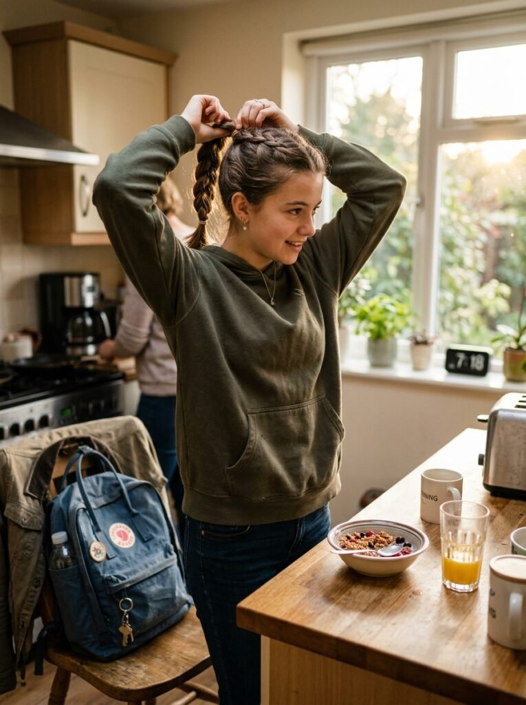 Teenage girl finishing a braided ponytail in a kitchen before school
