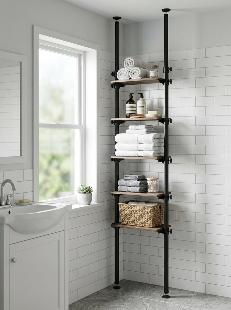 Tension pole shelving unit installed in a bathroom corner