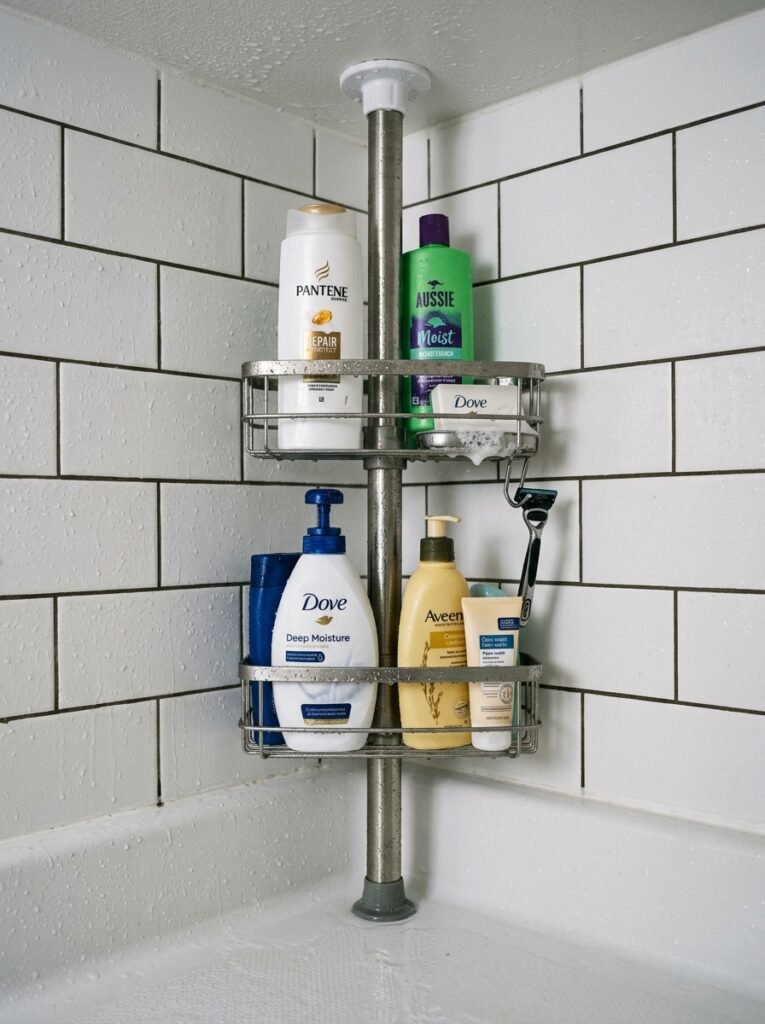 Tension-pole shower caddy holding bottles in a tub and shower