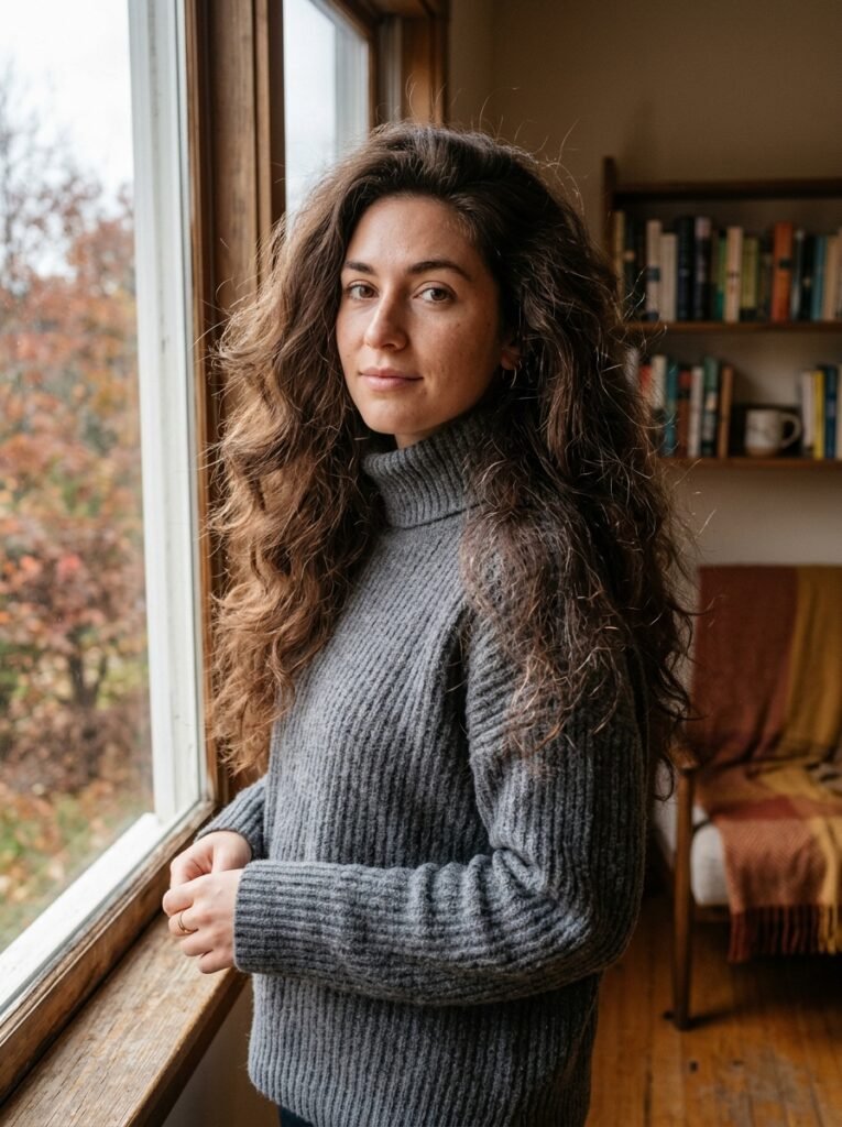 Thick hair showing static and flyaways near a window in a heated room