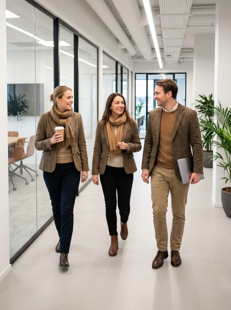 Three coworkers in business casual fall outfits walking through an office hallway.