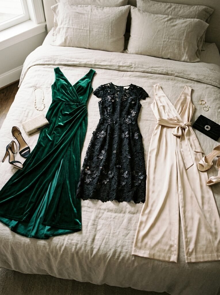 Three formal wedding guest outfits laid out on a bed, gown, cocktail dress, and jumpsuit