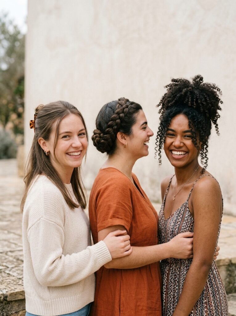 Three hair types styled for school, fine straight, thick long, and natural curls