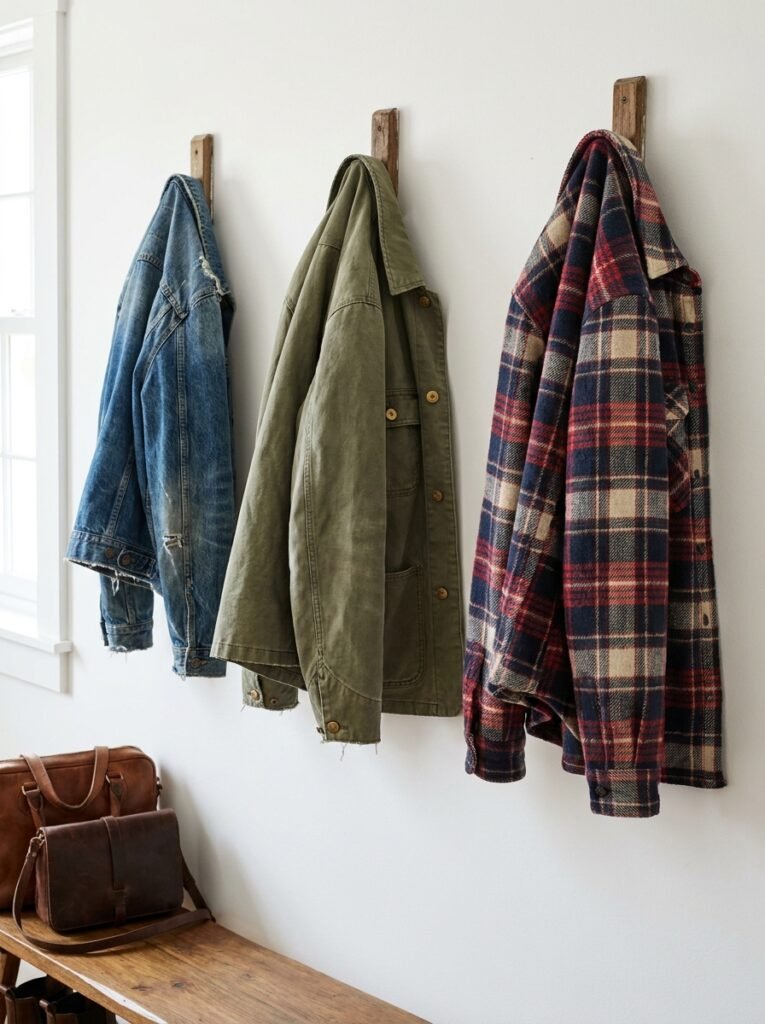 Denim jacket, olive chore jacket, and flannel shirt jacket hanging on wall hooks
