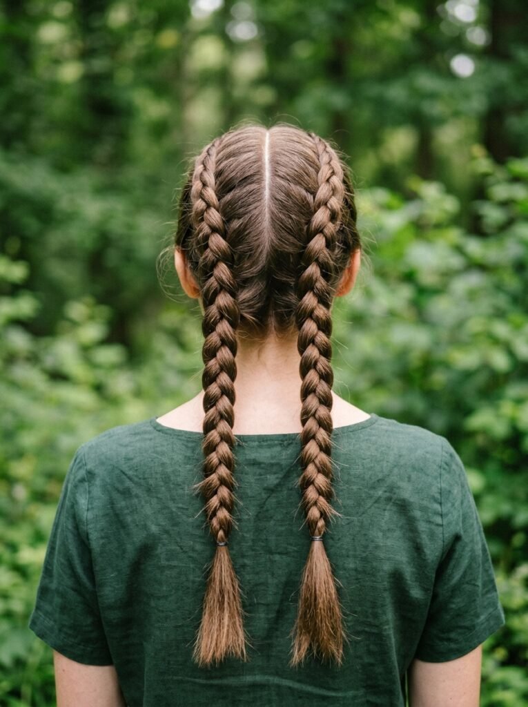 Back view of two dutch braids on long hair