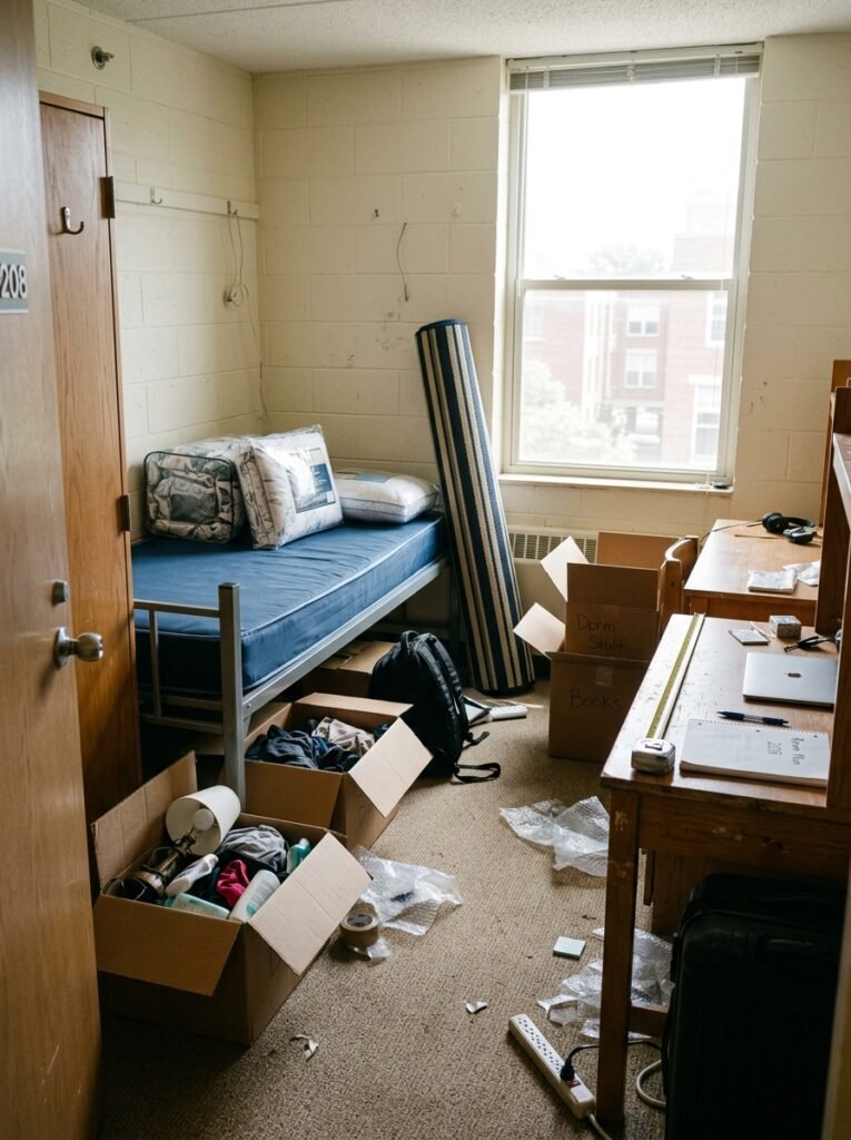 Partially unpacked dorm room on move in day with a rolled rug and measuring tape
