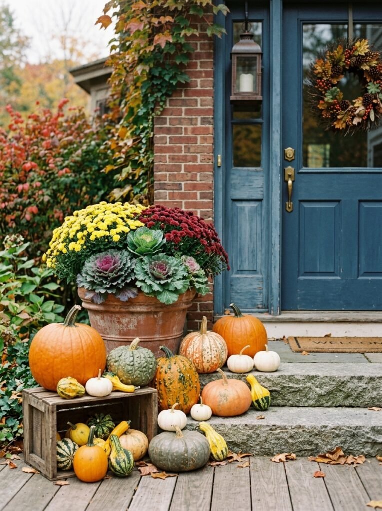 Varied pumpkins and gourds arranged beside a front door planter