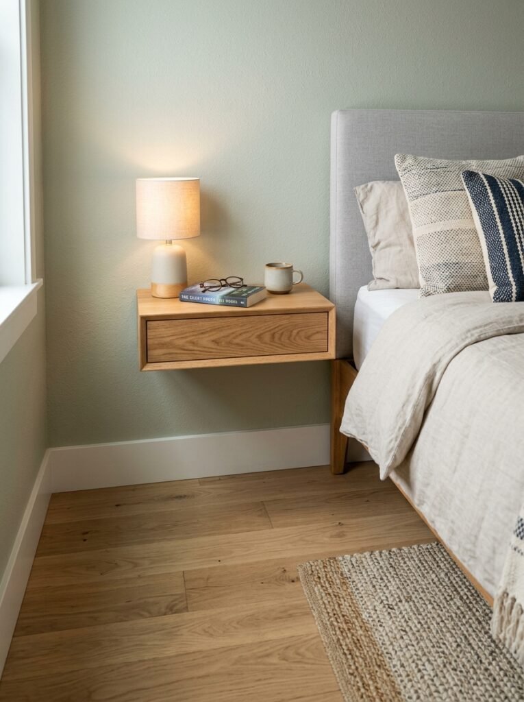 Wall-mounted floating nightstand freeing up floor space beside a queen bed