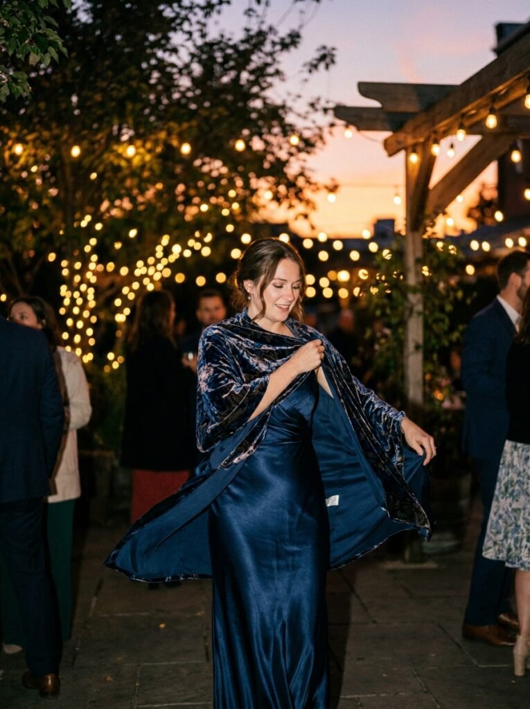 Woman adjusting a velvet wrap over a satin dress at an outdoor evening wedding