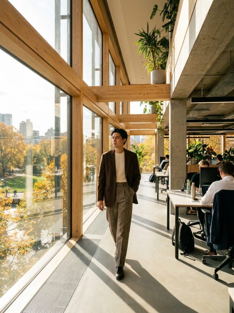 Woman in a chocolate brown blazer and wool trousers walking through a modern office with autumn light