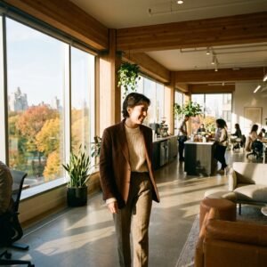 Woman in a chocolate brown blazer and wool trousers walking through a modern office with autumn light