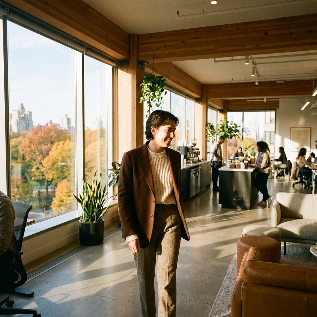 Woman in a chocolate brown blazer and wool trousers walking through a modern office with autumn light