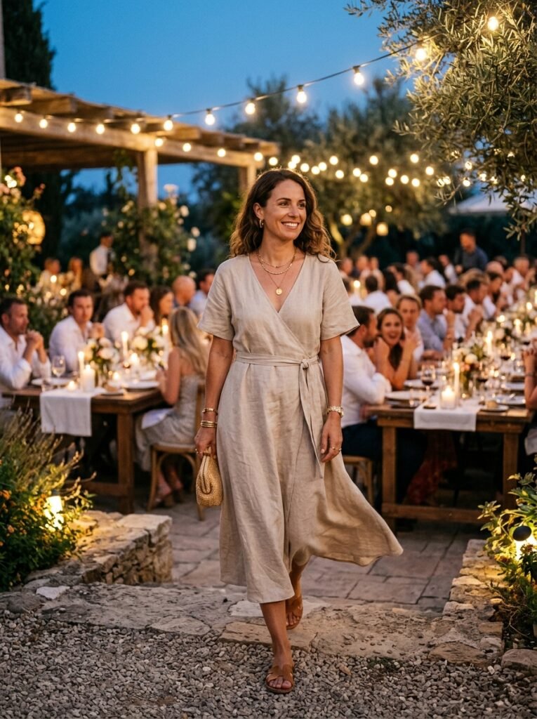 Woman in a linen midi dress for a Labor Day evening dinner