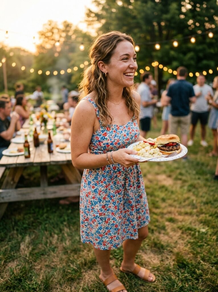 Woman in a sundress at a Labor Day weekend cookout