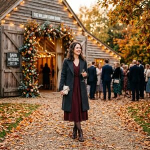 Woman in burgundy midi dress and wool coat standing outside a fall barn wedding venue