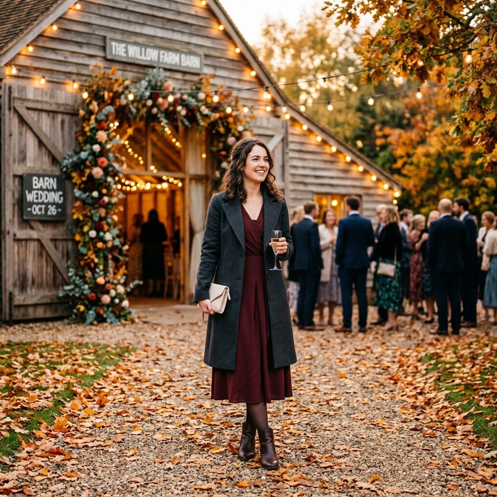 Woman in burgundy midi dress and wool coat standing outside a fall barn wedding venue