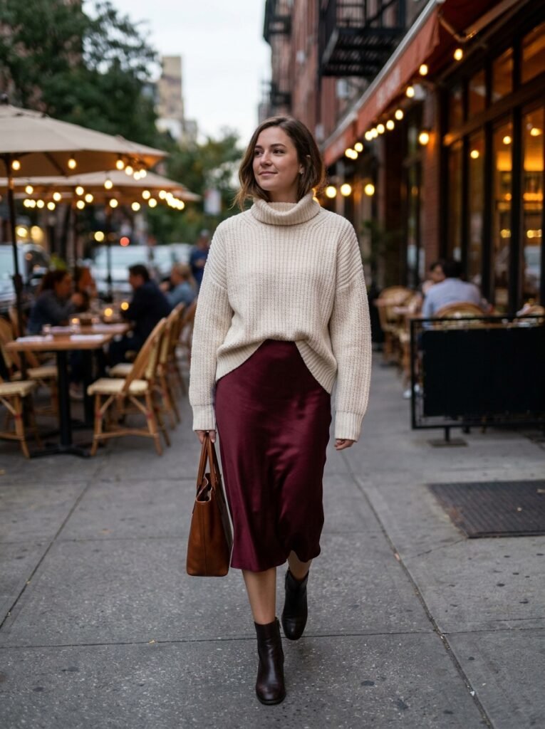 Woman walking a city sidewalk at dusk wearing a burgundy slip skirt and cream knit sweater for a fall date night