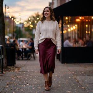 Woman walking a city sidewalk at dusk wearing a burgundy slip skirt and cream knit sweater for a fall date night