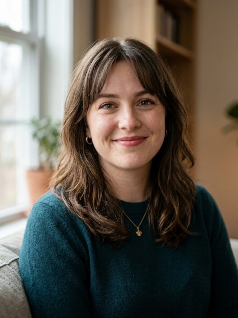 Woman with a round face wearing soft curtain bangs parted on both sides