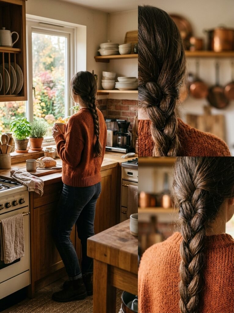 Woman with thick hair in a loose braid on wash day