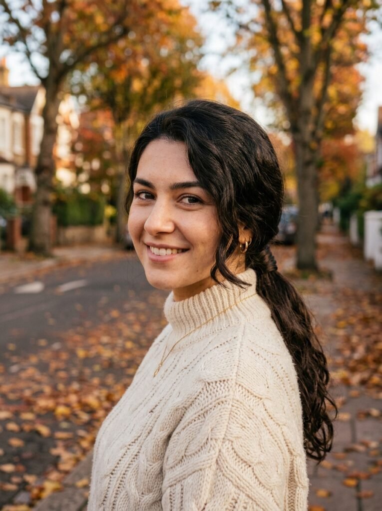 Woman with thick hair styled in a low wrapped ponytail on a fall street