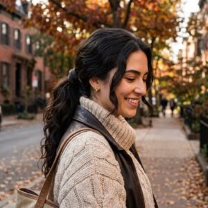 Woman with thick hair styled in a low wrapped ponytail on a fall street