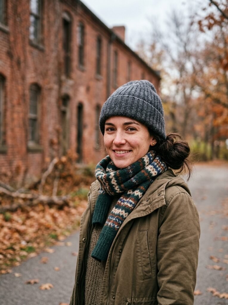 Woman with thick hair tucked into a low bun under a scarf and hat